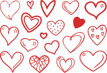 Red, Pink Doodle heart Collection, hand drawn love heart collection, Sketch of red heart icon symbol graphic set. Hand drawn heart element vector