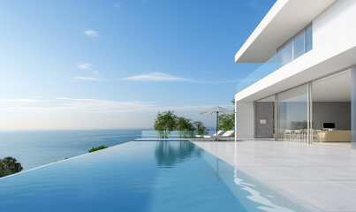 Obraz premium 3d rendering, Modern house with pool and beach view, white color scheme. Bright blue sky, sunny day. Minimalist architecture style