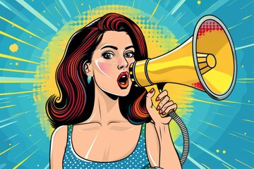 pin up style girl speaking with megaphone pop art retro vector illustration ,for blasting information / announcement