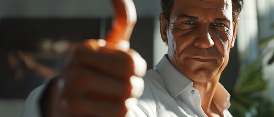 Realistic render of confident businessman giving a thumbs-up gesture in a bright office setting, symbolizing success, approval, and positivity.