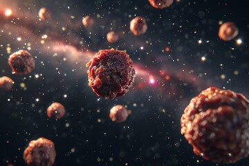 Cosmic meatballs floating in space, a mix of surrealism and science fiction illustrating food in an interstellar environment.
