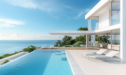 Fototapeta premium 3d rendering, Modern house with pool and beach view, white color scheme. Bright blue sky, sunny day. Minimalist architecture style