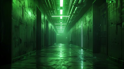 Dimly lit industrial corridor with green neon lights, creating an eerie and futuristic atmosphere. Perfect for sci-fi and horror backgrounds.