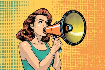 pin up style girl speaking with megaphone pop art retro vector illustration ,for blasting information / announcement