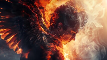 Dramatic depiction of a man with fiery wings and smoke, symbolizing transformation, power, and fantasy in an artistic concept.