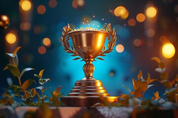 Golden trophy with laurel wreath on pedestal, glowing lights in the background, symbolizing achievement and victory, surrounded by leaves.