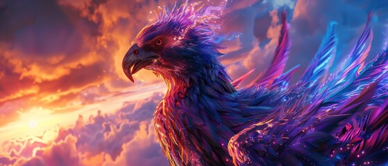 Majestic phoenix rising with radiant feathers against a vibrant, colorful sky during sunset. Captivating fantasy illustration.