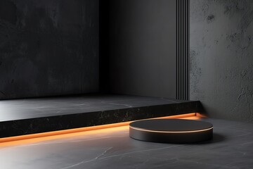Modern minimalist black and gray podium with futuristic lighting and round platform in a sleek, contemporary design.