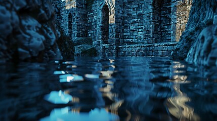 Scenic view of ancient stone ruins reflected in tranquil water, evoking a sense of mystery and history in a serene natural setting.