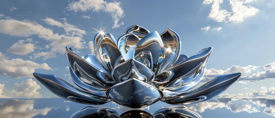 Stunning metallic lotus sculpture against a sky background, reflecting light beautifully,...