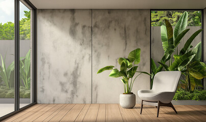3d rendering, minimalist interior design of modern home with floor to ceiling glazing and green trees outside, wooden flooring, grey walls, minimal furniture with chair facing the window