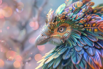 Vivid and intricate portrait of a feathered bird featuring vibrant colors and artistic detail, set against a soft focus bokeh background.