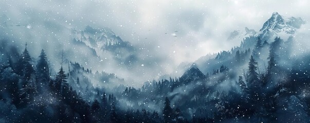 Capture an aerial view of a snowstorm over a mountain range, highlighting the contrast between the white snow and dark forests below in a realistic digital painting style