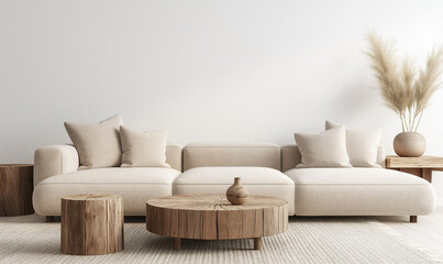 
3d rendering, A minimalist living room with a cream sofa, coffee table and vases on the floor against an empty white wall