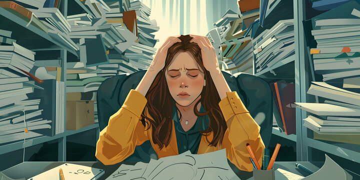 Mulher sobrecarregada e estressada no trabalho