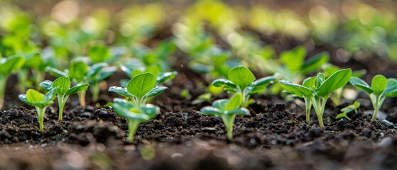 A wide-angle view of fertile soil in a quiet environment, showcasing the beginning of lush greenery in spring. The focus is on delicate seedlings emerging from the rich earth, promising growth