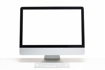 Fototapeta premium Desktop computer with blank white screen, front view, white background, isolated on the edges