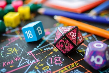 Brightly colored dices and pencils on a black board with chalk