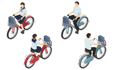 Naklejka premium アイソメトリックイラスト：自転車に乗る男女の中学生(夏服)
