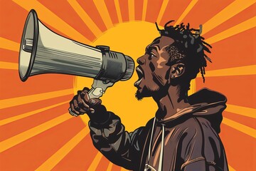 African-American / black man with megaphone pop art retro vector for protest , activism , empowerment , speech ,demonstration