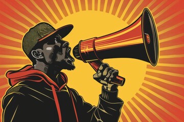 African-American / black man with megaphone pop art retro vector for protest , activism , empowerment , speech ,demonstration