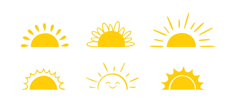 Yellow semicircle doodle half sun Hand drawn icons set doodle style. Sunset simple graphic symbols. Summer heat icons. Half round solar element.
