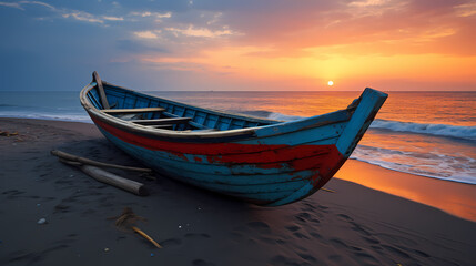 Fototapeta premium A wooden boat on the beach at sunset