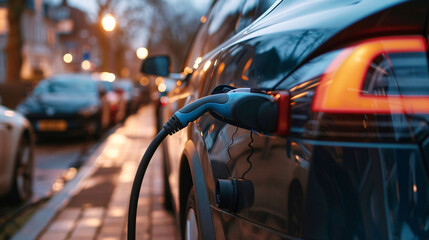 Electric vehicle charging scene, new energy vehicle tram future technology concept illustration