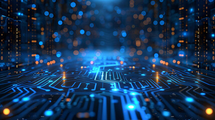 Electronic circuit board close-up computer chip, blue cyber circuit future technology concept background