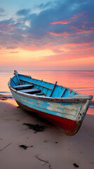 Fototapeta premium A wooden boat on the beach at sunset