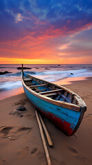 A wooden boat on the beach at sunset