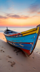 A wooden boat on the beach at sunset