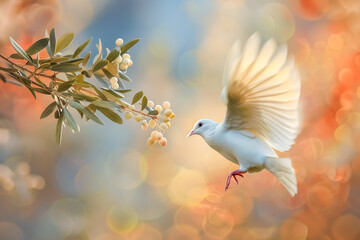 Graceful White Dove in Flight Near Olive Branch with Bokeh Background, Symbolizing Peace and Serenity in Nature