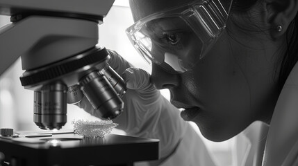 Scientist's Hand Guiding the Microscope's Lens