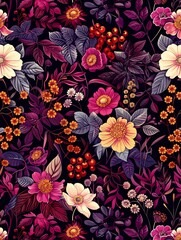 A seamless pattern of Burgundy and Byzantine flowers, leaves and vines on a Deep Cerise background, as a flat vector illustration drawn in the style of hand drawing, simple yet ele