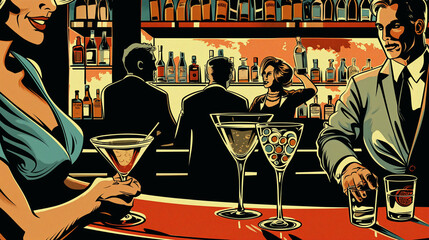 A retro comic strip featuring a martini bar scene, adding narrative and character elements, retro comic design, National Martini Day, with copy space
