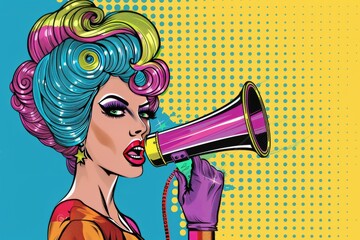Drag Queen speaking with megaphone pop art retro vector for announcement, information