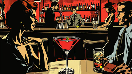 A retro comic strip featuring a martini bar scene, adding narrative and character elements, retro comic design, National Martini Day, with copy space