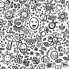 A seamless pattern of charming doodle drawings including flowers, suns, and playful icons, creating a fun and detailed continuous design