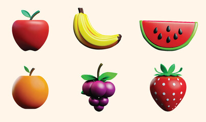 3D icon illustration fruits (apple, banana, watermelon, grape, strawberry)