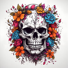 Fototapeta premium A skull with flowers and colourful style for t-shirt design