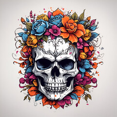 Fototapeta premium A skull with flowers and colourful style for t-shirt design