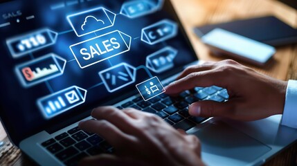 a businessman's is using a laptop and touching virtual icons of sales performance, for a marketing plan or business growth, text "SALES"