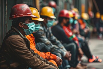 Several people wearing helmets and masks sit on a bench