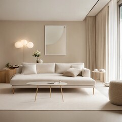 minimalist room with boucle furniture all white an