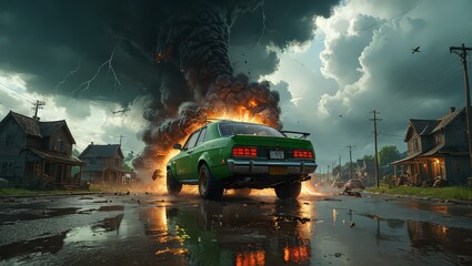 Car Driving Through a Tornado