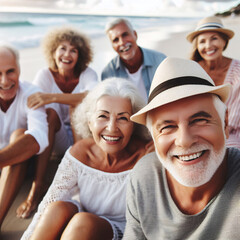 Obraz premium On the beach, cheerful elderly people enjoy each other's company and take selfies with the sea in the background. With beaming smiles, they radiate joy and camaraderie as they bask in the sun.