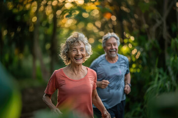 A couple of older people are running in a forest. They are smiling and enjoying their time together