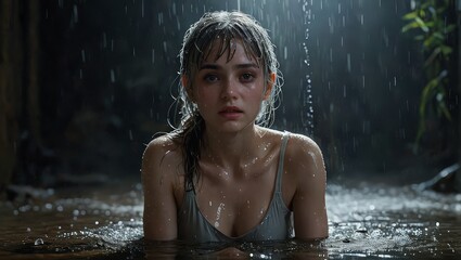 Woman in water, rain, wet hair