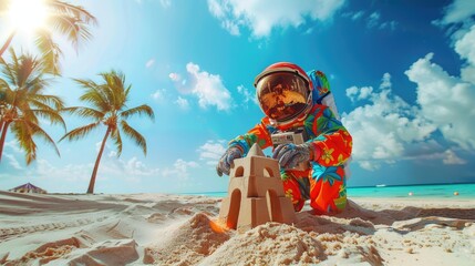 Naklejka premium Tropical Space Explorer: Astronaut in Hawaiian Outfit Building Sandcastle on Beach with Palm Trees and Clear Blue Sky